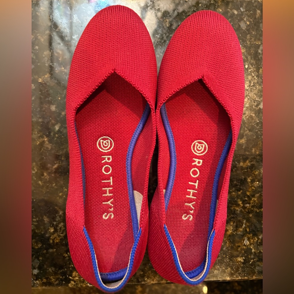 Rothy's Vibrant Red Flats with Blue Accents
